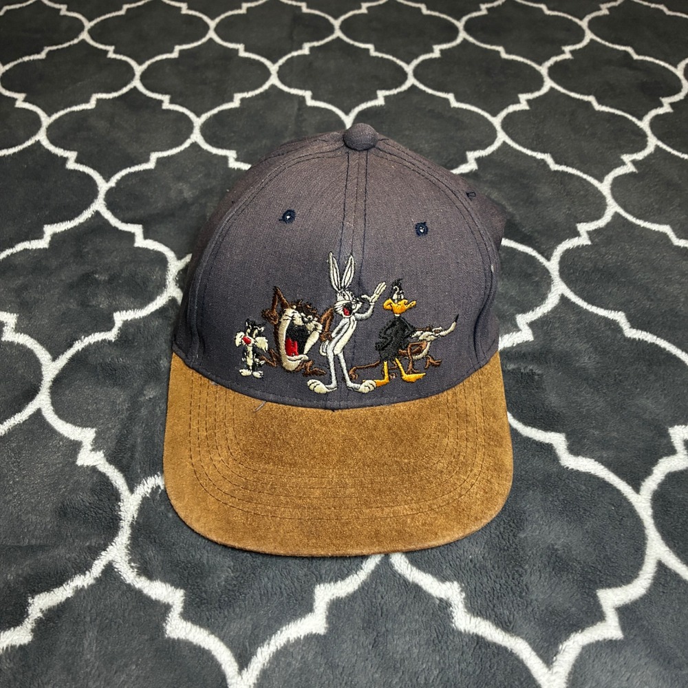 Vtg 1991 Looney Tunes Acme Clothing Snapback Hat Bugs Bunny Leather Brim Navy